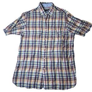 Cremieux Mens Linen Shirt M Plaid Short Sleeve Multi Color Pastels